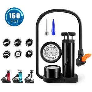 Detailed view of the portable high pressure foot pump with pressure gauge and multi-purpose nozzles.