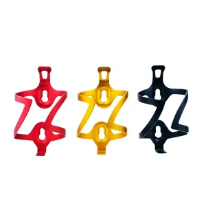 Detailed view of lightweight aluminum alloy bicycle water bottle cages in red, gold, and black colors.