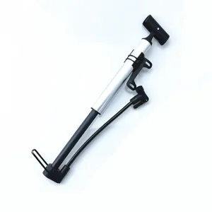 Portable mini bicycle floor pump with aluminum alloy barrel and folding foot pedal for easy travel.