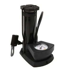 Portable mini foot pump detail view, high pressure bicycle and motorcycle air tire pump.