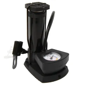 Portable single cylinder foot pump with pressure gauge and flexible hose, detail view.