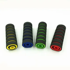 Detailed view of motorcycle foam handlebar grips, sponge brake lever sleeves in vibrant colors.