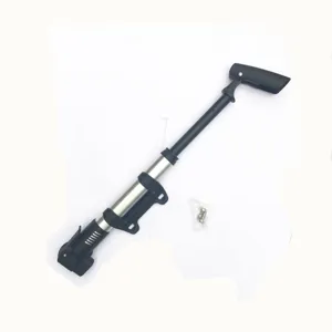 Portable mini bicycle pump detail shot showing aluminum alloy body and mounting bracket.