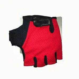 Red black half finger cycling gloves detail, breathable mesh sports bicycle outdoor gear.