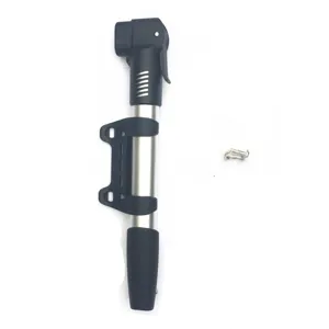 Portable mini bicycle pump with mounting bracket and screws, lightweight aluminum alloy build.