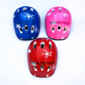 Children sports helmet detail showing multi-color options with star pattern ventilation.