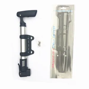 Portable mini bicycle pump detail showing aluminum alloy body and mounting bracket.