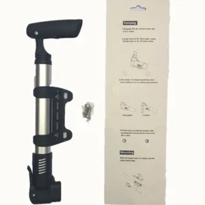 Portable mini bicycle pump with aluminum alloy body, mounting bracket, and use instructions.