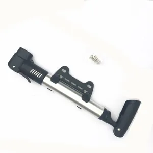 Details of portable mini bicycle pump with mounting bracket and screws for cycling gear.