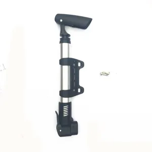 Portable mini bicycle pump with mounting bracket and screws, lightweight aluminum alloy build.