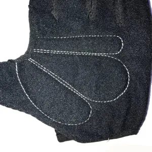 Details of black cycling half finger gloves featuring creative cartoon hand stitching design.