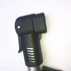Portable mini bicycle pump nozzle detail view, compact design for multi valve types.
