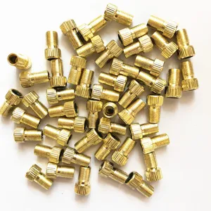 Close-up detail view of brass bicycle tire valve adapters, Presta to Schrader pump parts.