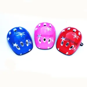 Kids sports helmet detail view, multi-color protective gear with cute star patterns.