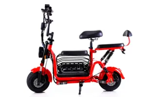 Detailed view of the red electric scooter with basket, suspension, and comfortable seating.