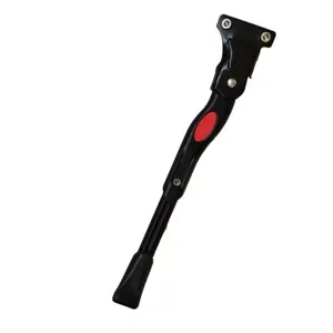 Adjustable bicycle kickstand detail view, sturdy aluminum alloy material in black and red.
