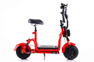 Detailed side view of the red electric scooter frame, featuring a comfortable black seat and sturdy footboard.