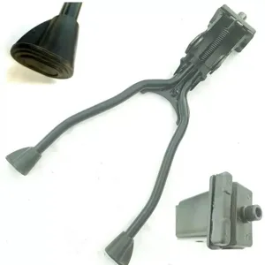 Detailed view of the black bicycle double leg kickstand mounting bracket and rubber foot.