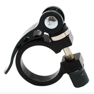 Black aluminum alloy bicycle seatpost clamp quick release detail shot for mountain bikes