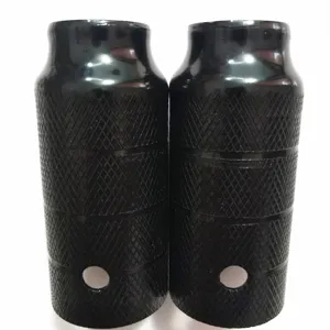Black steel bicycle stunt pegs with anti-slip knurled pattern and mounting hole for bikes.