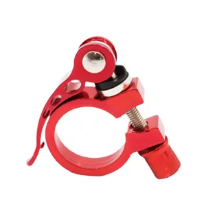 Red aluminum alloy bicycle seatpost clamp with quick release lever for mountain bikes.