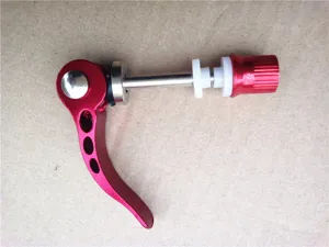 Aluminum alloy bicycle quick release skewer detail shot, durable red bike seatpost accessory.