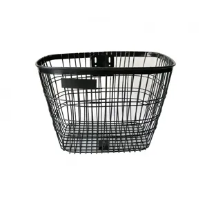 Black metal bicycle wire front basket, durable bike storage accessory for daily riding.