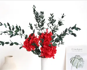 Close-up of preserved red hydrangea and green eucalyptus bouquet arrangement in white vase.