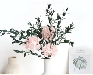 Preserved pink hydrangea eucalyptus bouquet for elegant home decor and flower arrangement setup.