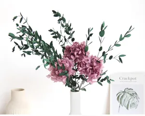 Preserved hydrangea bouquet with eucalyptus leaves dried floral home decor detail view