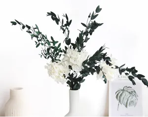 Preserved eucalyptus and white hydrangea bouquet detail, elegant home decor floral arrangement.