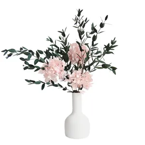 Preserved hydrangea bouquet with eucalyptus leaves in white vase for home decor 40cm