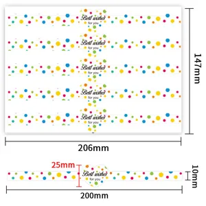 Colorful heart long strip bakery sealing stickers sheet with detailed size dimensions.