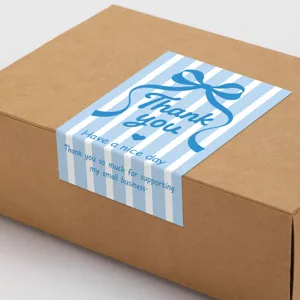 Adesivi di chiusura di ringraziamento a righe blu con fiocco per scatole regalo.