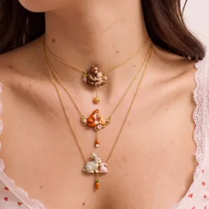Layered animal pendant necklace with cute enamel bear fox and rabbit charms for women.