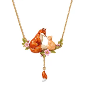 Gold enamel fox mother and baby necklace with floral charm elegant animal pendant jewelry