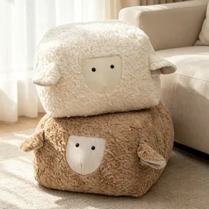 Fluffy sheep plush cushion stool, cute cartoon animal floor seat cozy home decor main view.