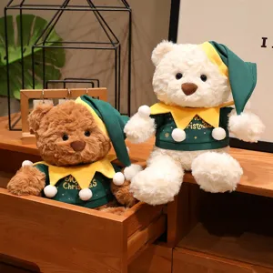 Set di peluche orsetto di Natale, morbida bambola di peluche con cappello da elfo per decorazione.