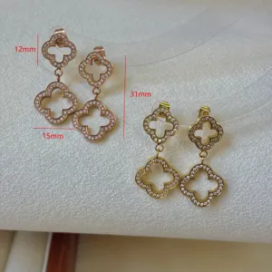 Stainless steel hollow four leaf clover zirconia earrings luxury fashion jewelry