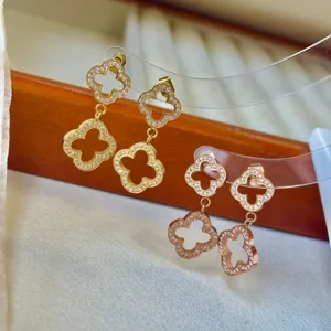 Stainless steel hollow clover zircon dangle earrings luxury fashion gold rose gold jewelry