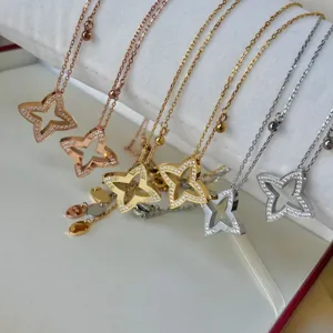 Roestvrijstalen Holle Vierbladig Klaverblad Ster Hanger Halsketting Voor Vrouwen Elegante Zirkon Mode Sieraden