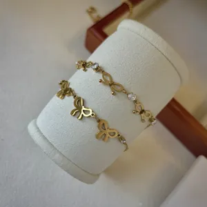 Pulsera de doble capa de acero inoxidable chapado en oro 18K lazo circonita joyería elegante
