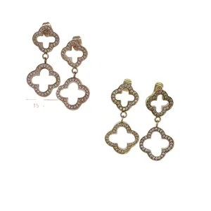 Elegant stainless steel double four leaf clover zircon drop earrings for chic women