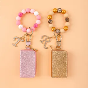 Mini Monedero de Llavero de Cuero PU de Lentejuelas Con Pulsera de Cuentas de Silicona Colgante de Letra de Strass Bolsa de Monedas