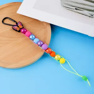Colorful silicone butterfly beaded keychain lanyard, cute wrist strap for keys bag charms