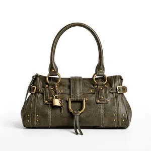 Sac à main en cuir vert olive style Y2K vintage avec cadenas élégant, clé et clous.