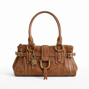 Sac cabas épaule marron style Y2K pour femme avec cadenas et rivets métalliques