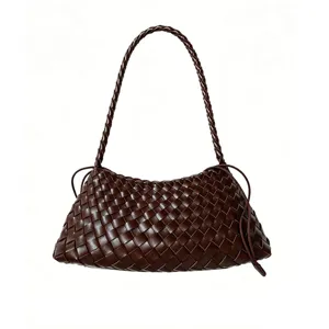 Dark brown woven leather shoulder bag chic minimalist stylish underarm handbag detail view