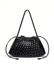 Black handmade woven leather shoulder bag with chic drawstring closure and braided strap.