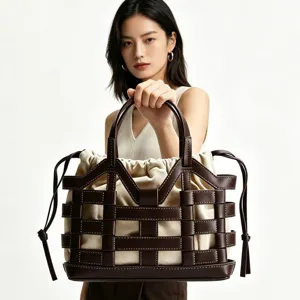 Grote opengewerkte leren canvas shopper tas, retro contrasterende kleur casual damestas.